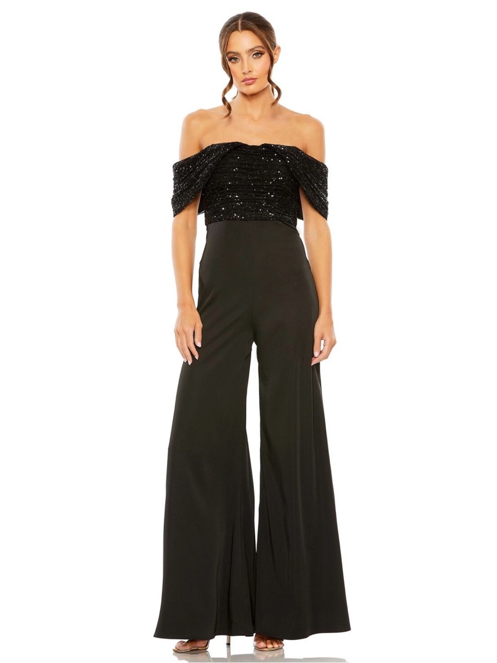 Mac Duggal Black Off-Shoulder Sequin Bodice Wide-Leg Jumpsuit 11667